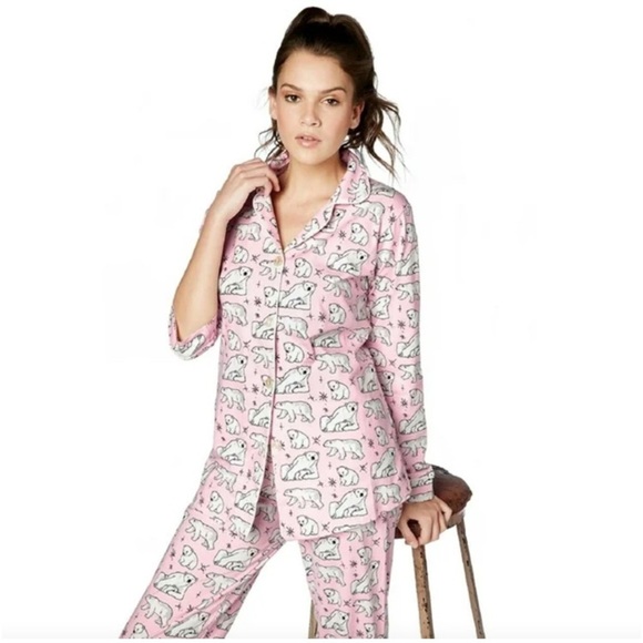 BedHead Pink and White polar bear Pajama Set pants and button up long sleeve XL - Picture 1 of 10